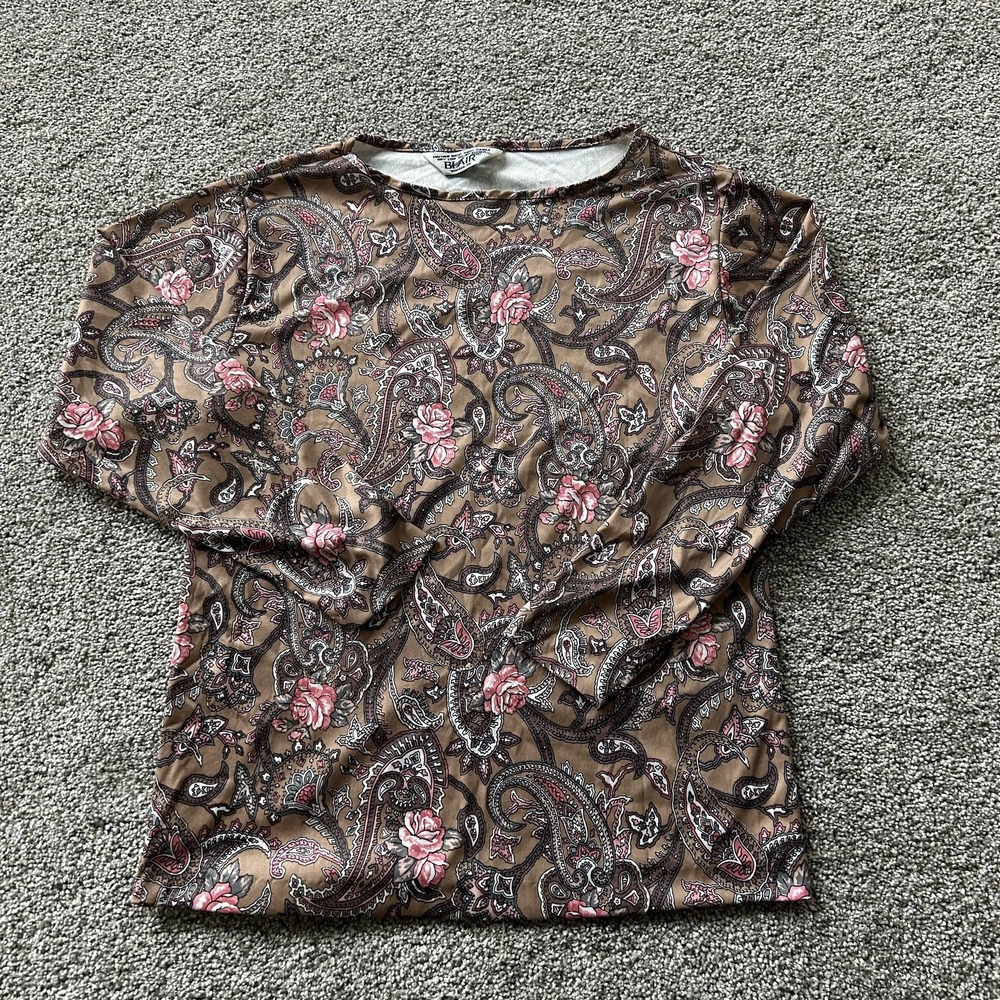 Blair Blouse Womens L Brown Paisley Long Sleeve Knit Pullover Casual Top